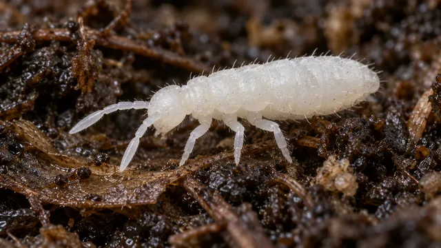 An elongated white eyeless Folsomia candida springtail with six small thoracic legs and segmented antennae on moist dark material.