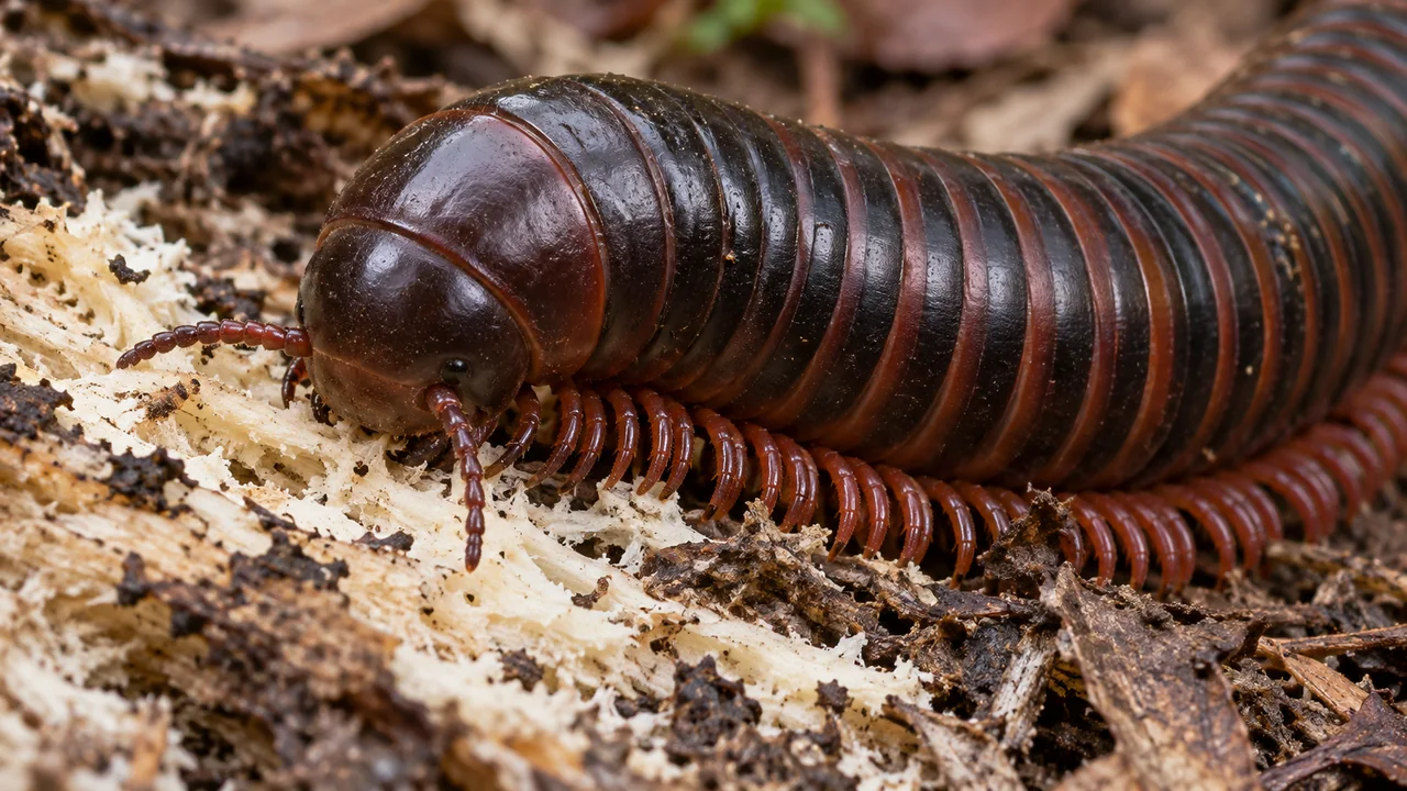 The head and front rings of a giant African millipede rest beside soft decomposed hardwood in leaf mould.