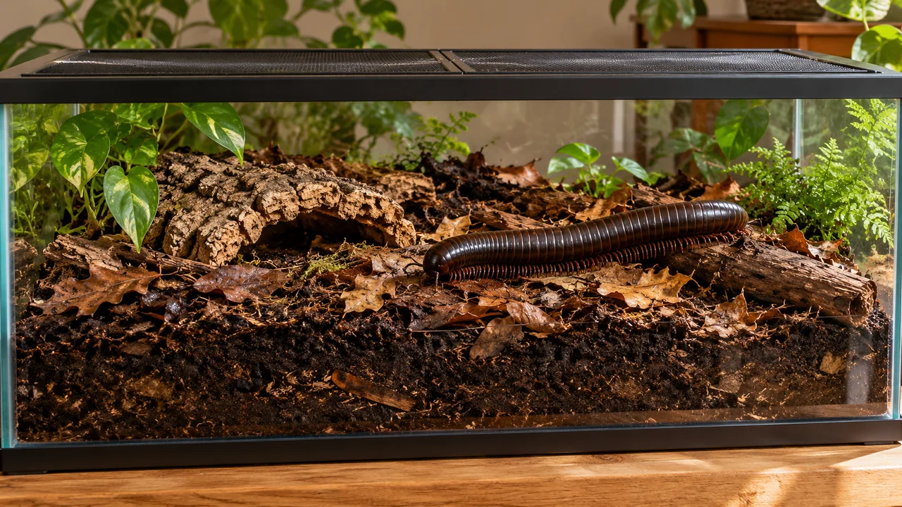 A spacious giant-millipede enclosure with a substantial nutritious substrate layer, loose litter and low lightweight cover.
