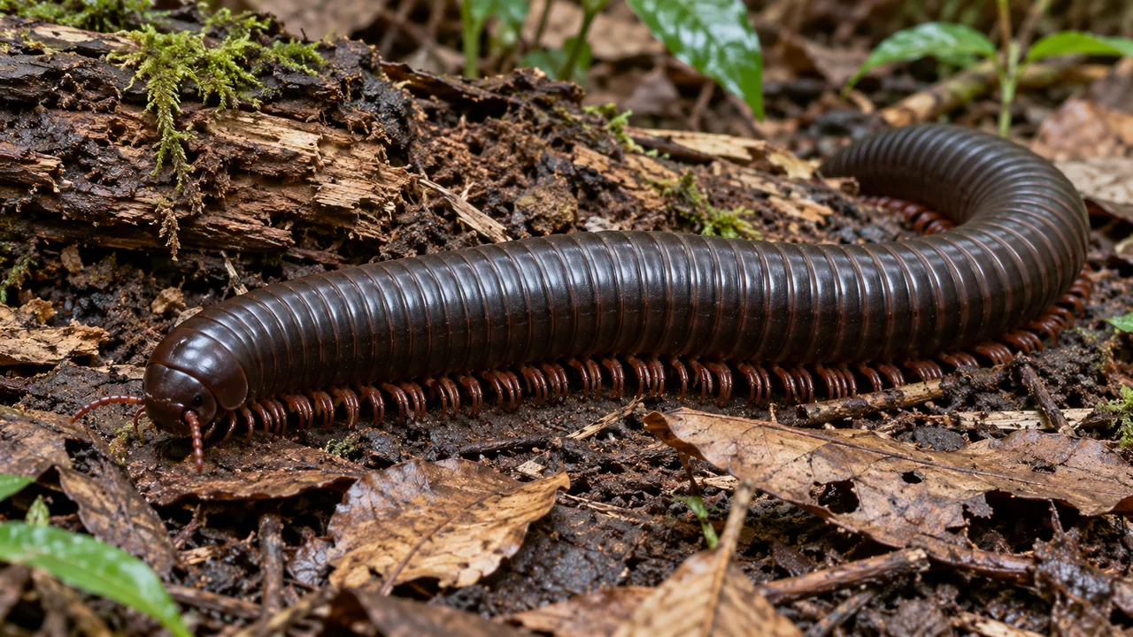 A large cylindrical dark Archispirostreptus gigas with many short paired legs and one pair of antennae crossing forest litter.