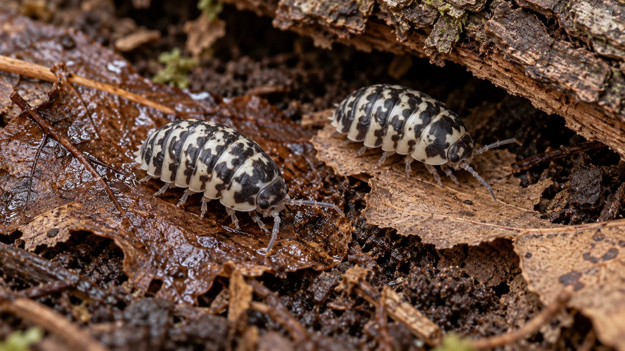 Two Zebra isopods use leaf surfaces beside a low shelter, showing the transition between moist and less-wet cover.