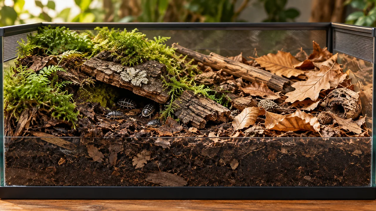 A low Zebra isopod enclosure with a protected moist moss end, drier loose leaves and nutritious substrate visible below.