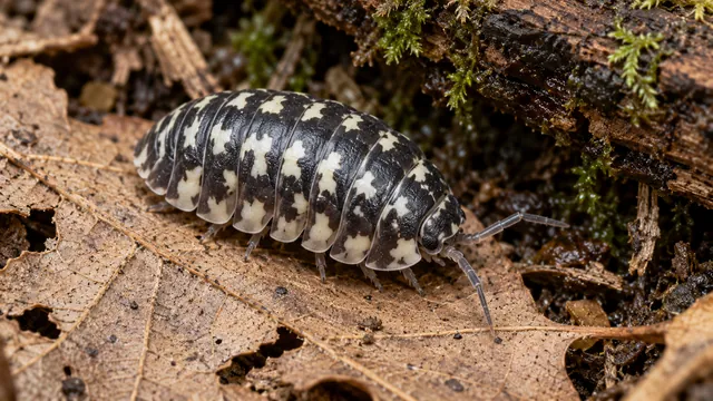 A compact black-and-cream Armadillidium maculatum woodlouse with overlapping plates and small antennae on leaf litter.