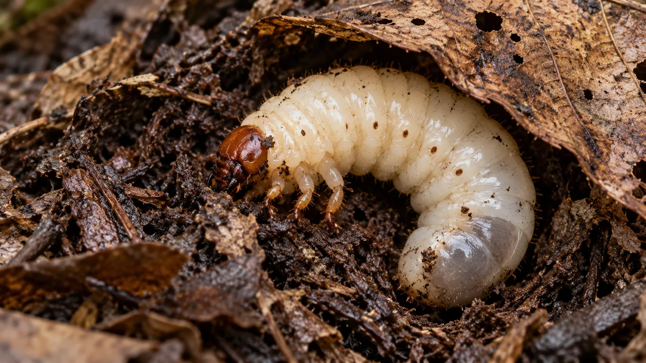 A pale C-shaped Pachnoda marginata grub with a brown head and three pairs of front legs at a decomposing-leaf surface.