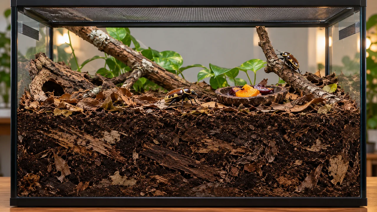 A secure ventilated Sun Beetle enclosure with adult climbing and flight space above a deep leaf-rich larval substrate.