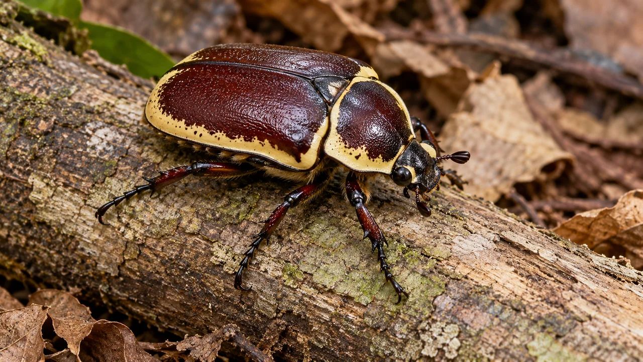 An adult Pachnoda marginata flower chafer with dark reddish-brown wing covers, cream-yellow margins and six jointed legs on wood.