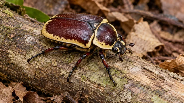An adult Pachnoda marginata flower chafer with dark reddish-brown wing covers, cream-yellow margins and six jointed legs on wood.