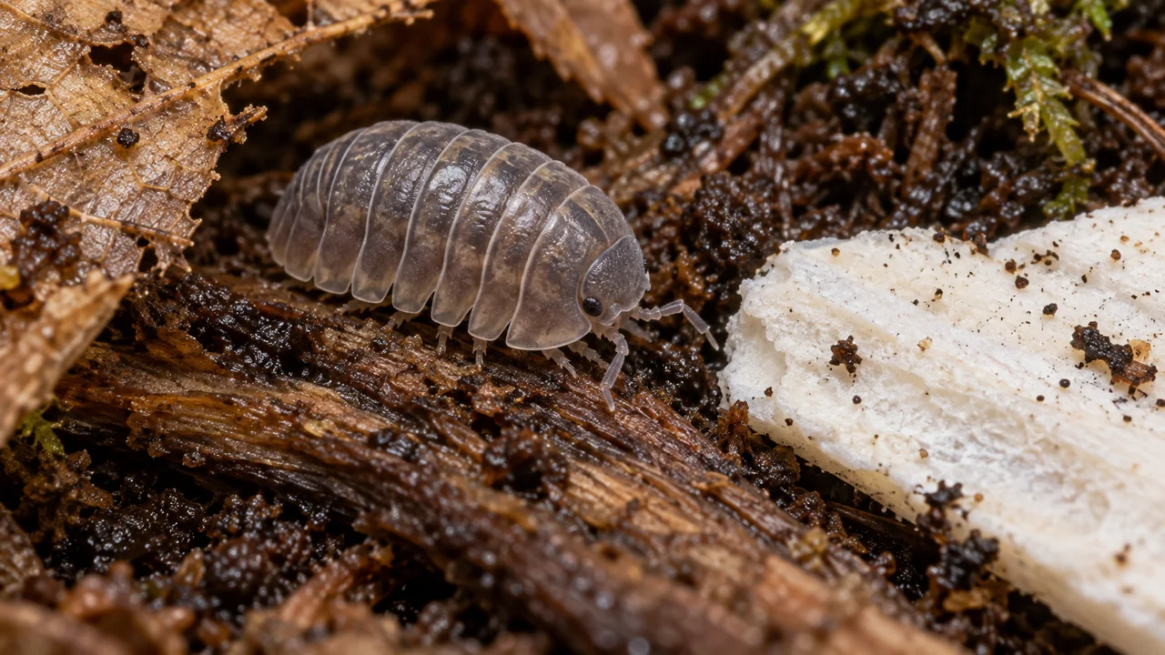 A grey Cubaris murina grazes near a cuttlebone fragment in a sheltered decomposing-wood microhabitat.
