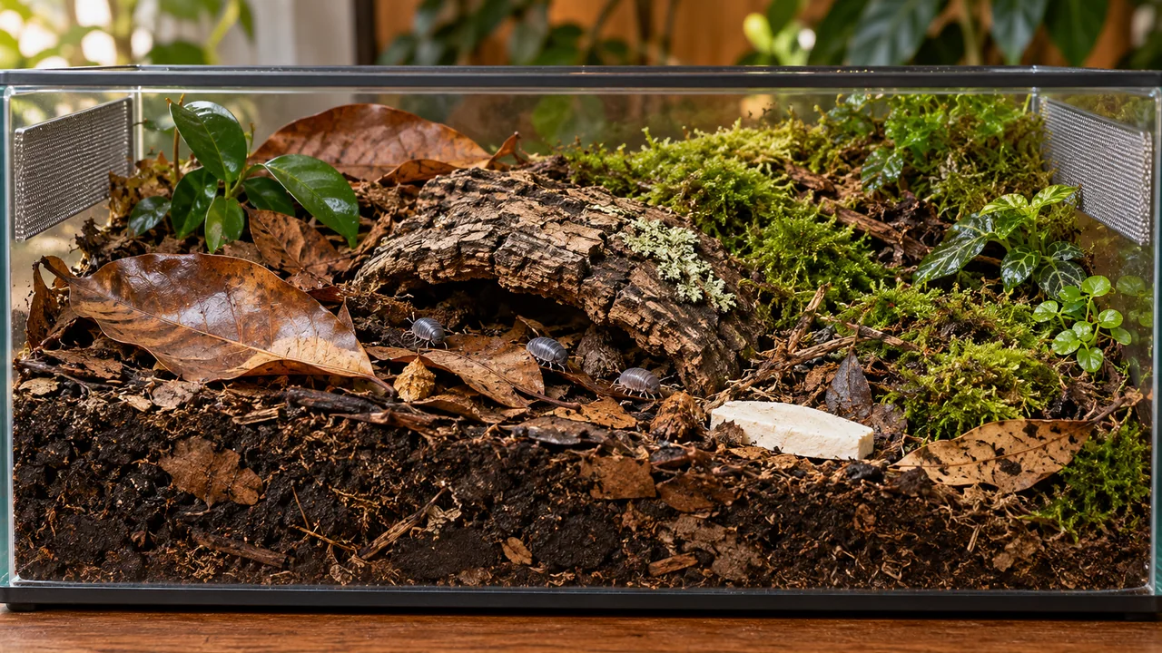 A warm litter-rich Cubaris murina enclosure with low shelter, moist moss, a less-wet surface and a plain calcium source.