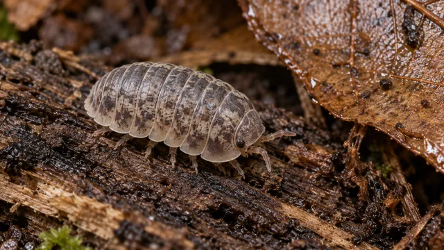 A small rounded grey Cubaris murina with short antennae and overlapping plates resting on decayed hardwood.