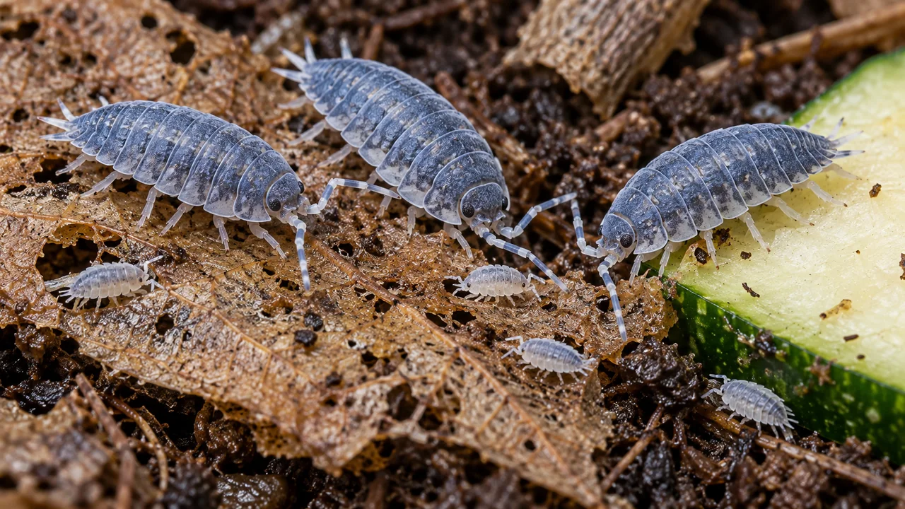 Powder Blue adults and small pale juveniles forage beside decomposing leaves and a small vegetable serving.