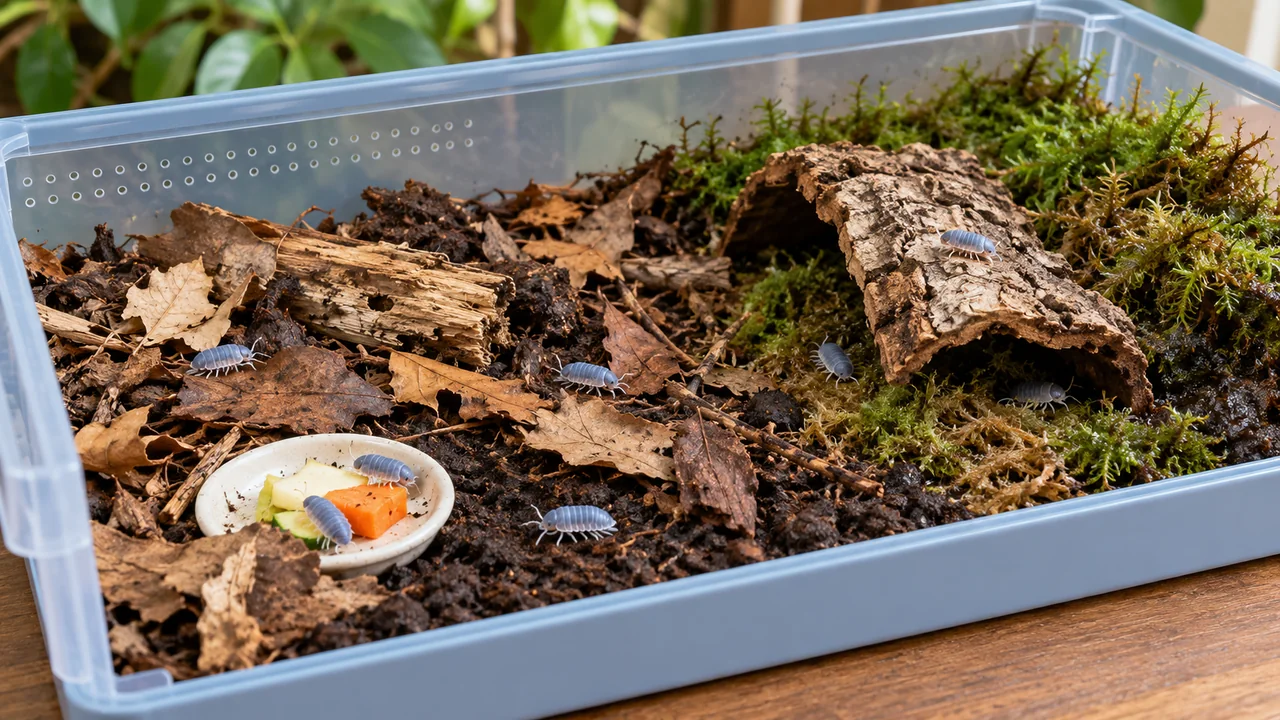 A ventilated powder-isopod culture with loose leaf-rich substrate, a damp moss refuge and a small removable feeding dish.