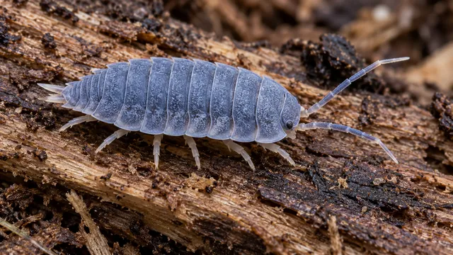 A slender powder-blue Porcellionides pruinosus with pale legs, long antennae and a narrowed rear on decayed wood.
