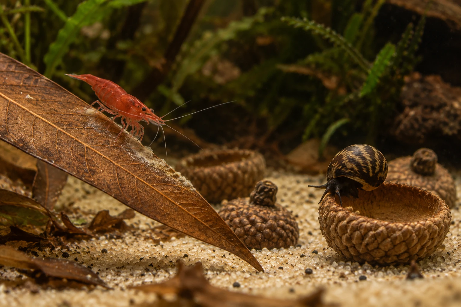 A cherry shrimp investigates a mango leaf while a nerite snail moves along an acorn cap.