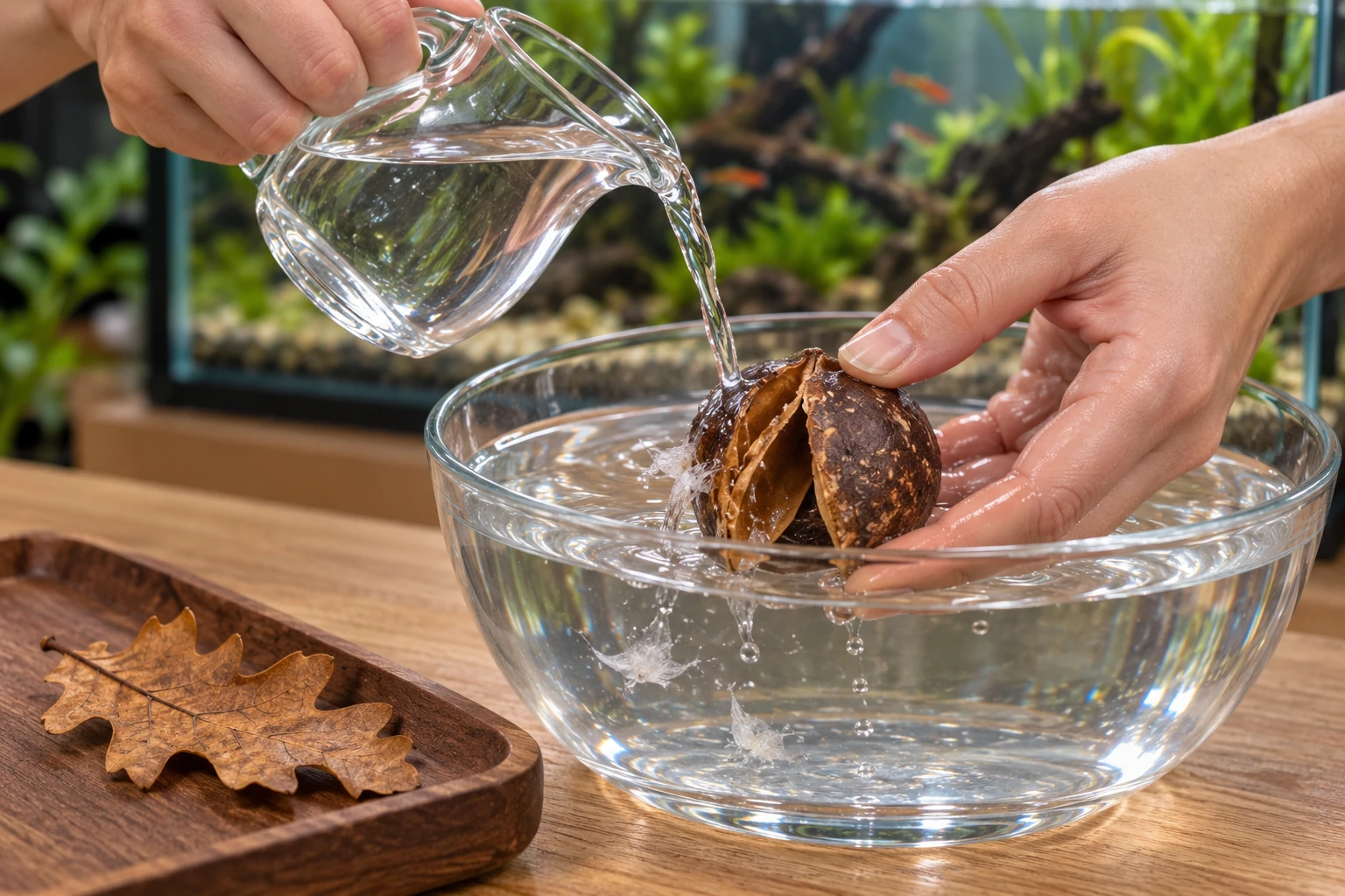 Hands gently rinse a removable Bakuli pod over a bowl of aquarium-safe water; a separate oak leaf rests on a tray.
