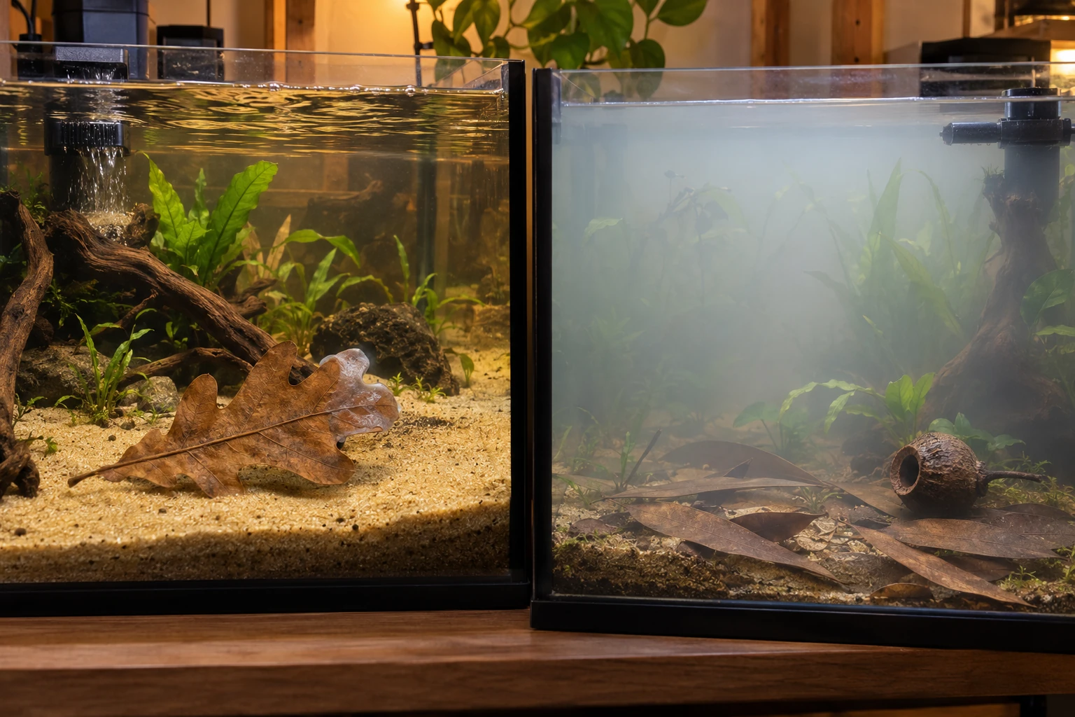 Clear amber water with a local coating on an oak leaf, beside a different aquarium with suspended haze throughout its water.