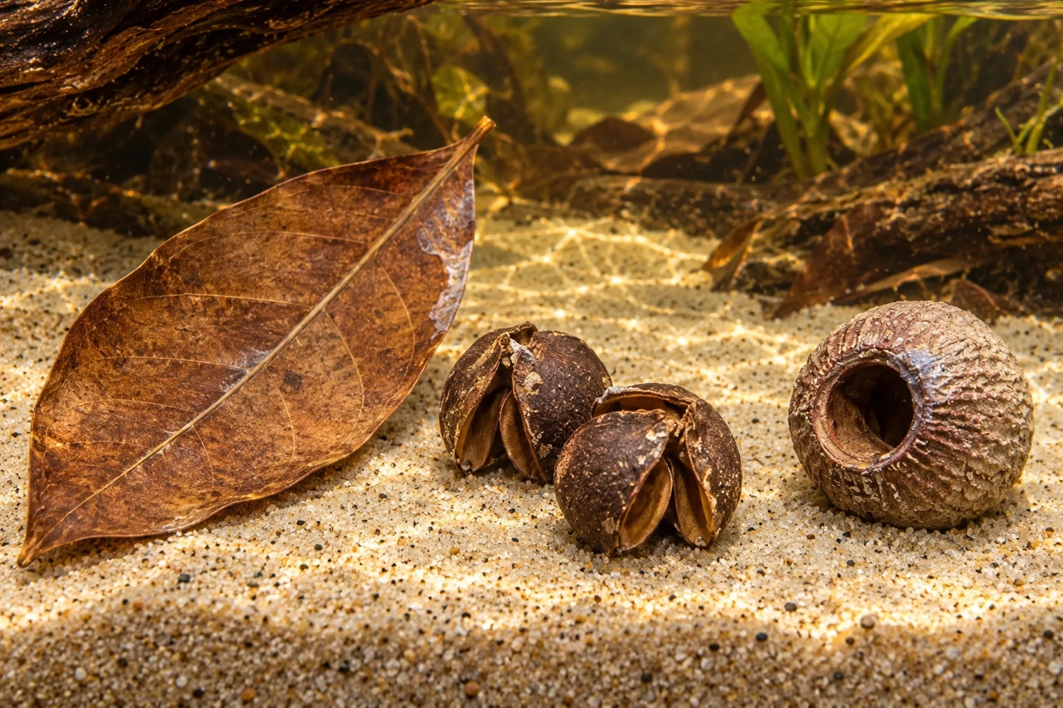 A Jackfruit leaf, split Bakuli pods and a Eucalyptus bell fruit show three distinct underwater surface textures.