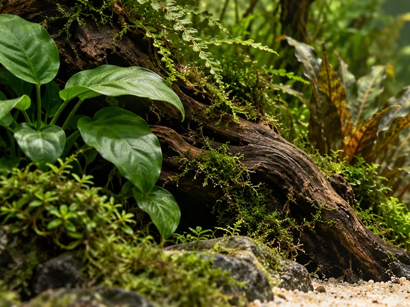 Broad green resting leaves and a planted wood arch above open sand