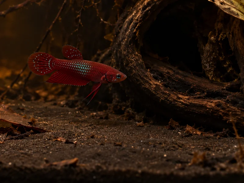 Small scarlet wild betta near a dark root shelter and broad leaf cover