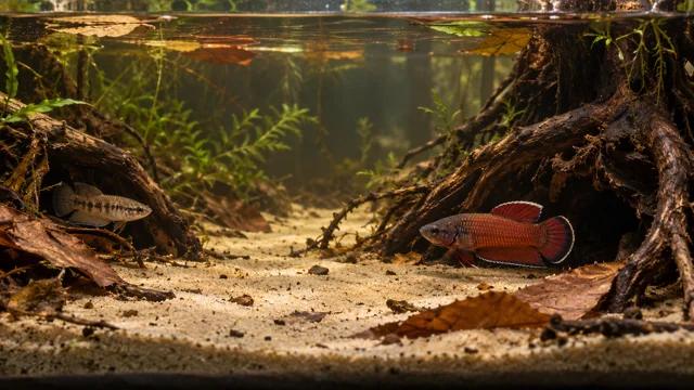 Male and female Betta channoides in separate sheltered positions beside roots and open sand