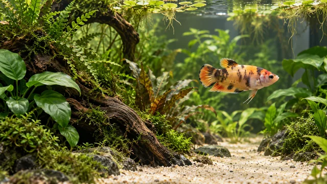 Female koi Betta splendens in a green planted freshwater aquarium