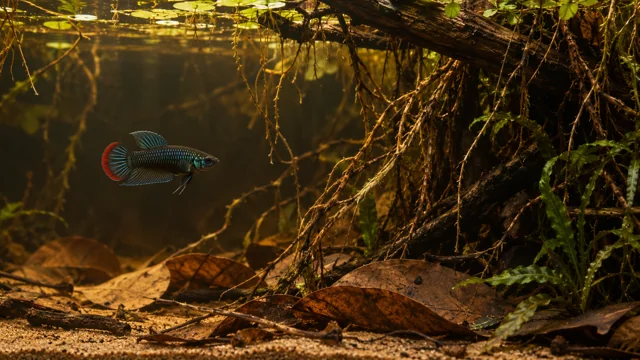 Wild male Betta imbellis with a red caudal crescent beside forest roots in amber water