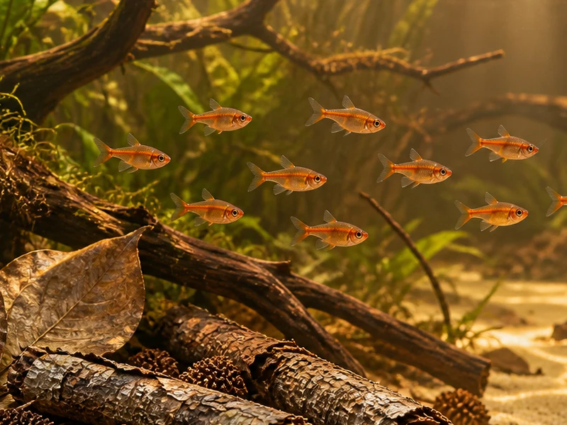 Small orange ember tetras swimming above brown leaves in clear amber water