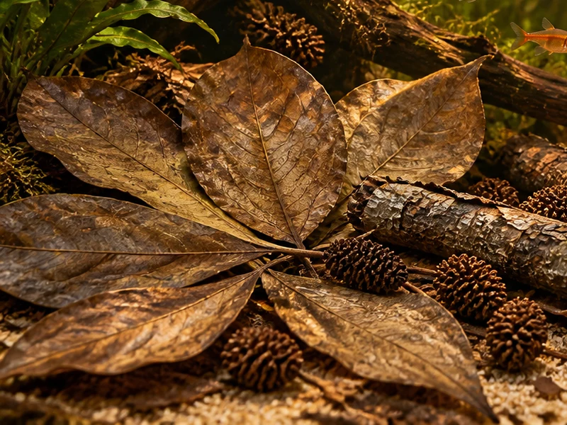 Broad veined brown leaves and small cones on the aquarium floor