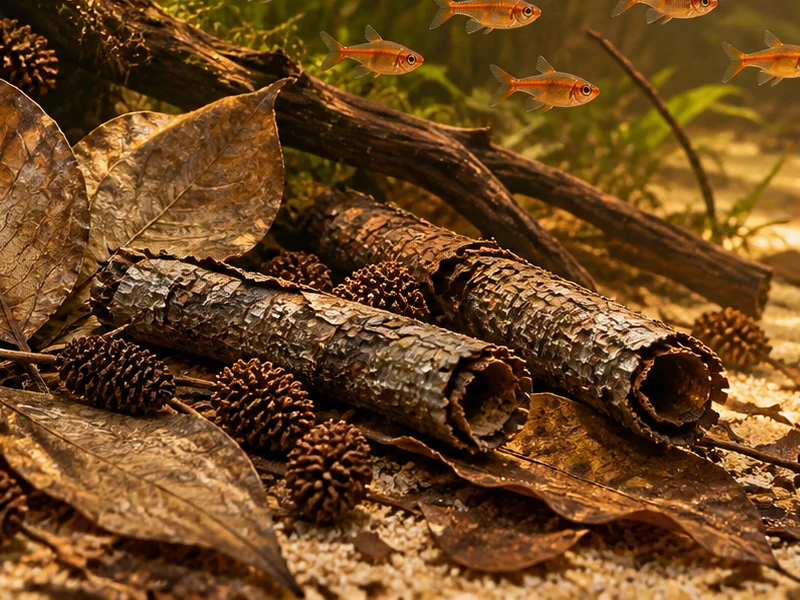 Two rough rolled bark tubes among leaves