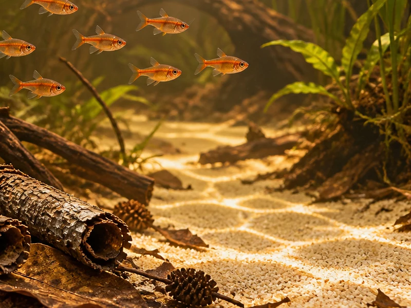 Open sandy water route beside plants and botanical litter