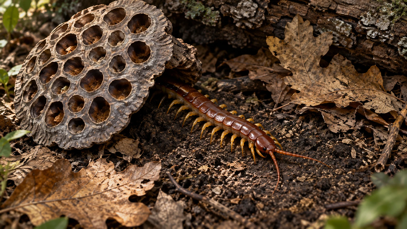 Reddish brown centipede emerging from beneath the rim of a lotus head on earthy ground