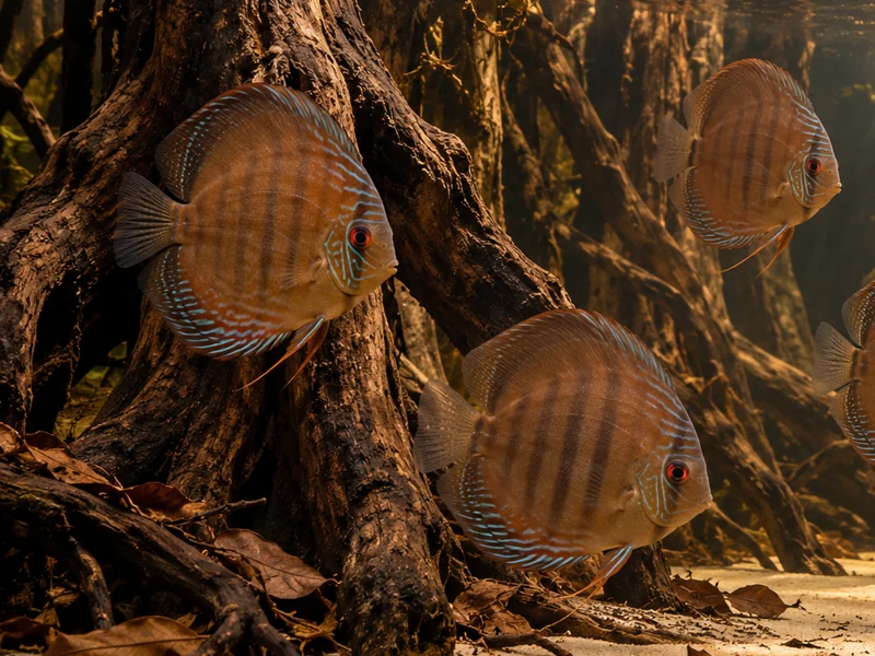 Natural brown discus beside a substantial root mass with space around its fins