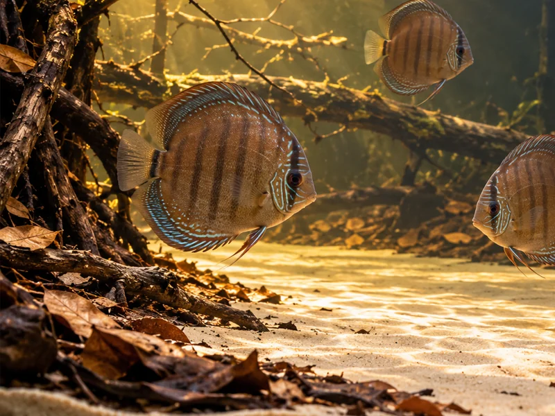 Brown discus above an open sandy forest margin with leaves collected beside roots