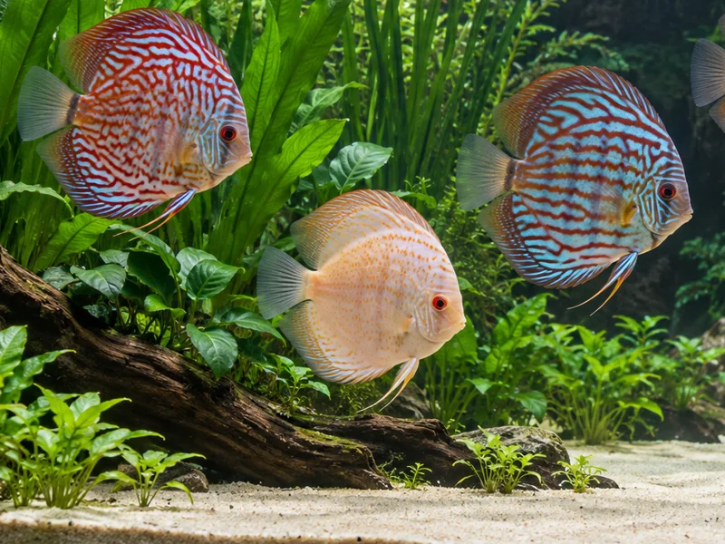 Captive-bred discus swimming beside broad green planting and low aquarium wood