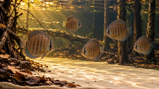 Five natural brown discus with similarly weighted vertical bars above a bright sandy flooded-forest margin