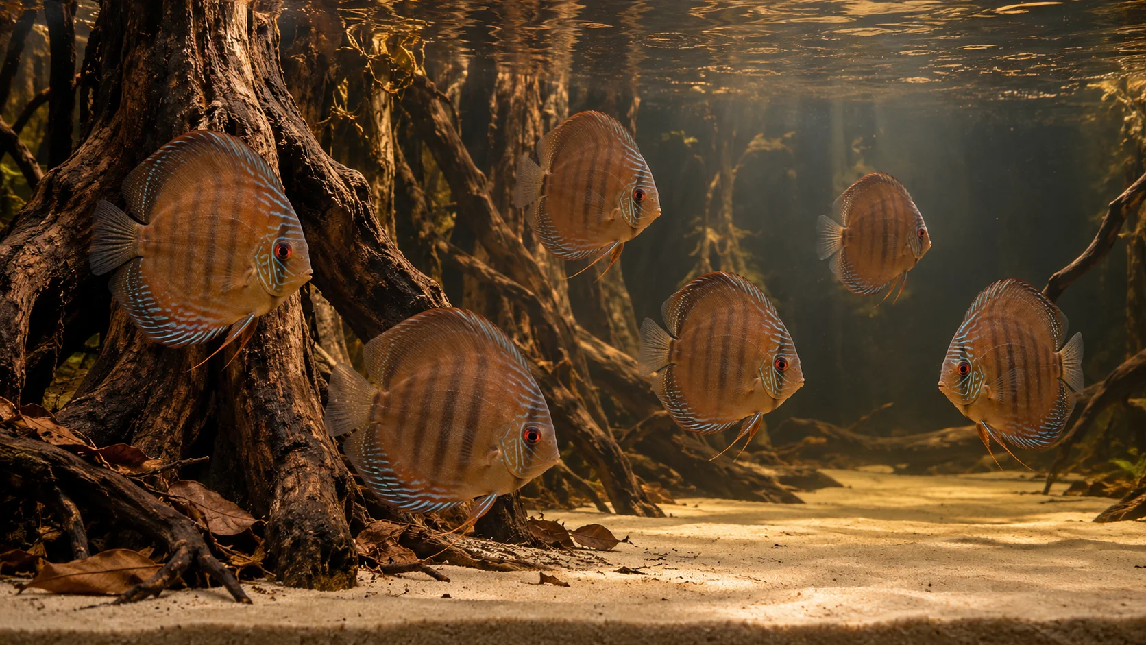 Six natural brown discus with rounded bodies and subtle bars in a spacious root-structured aquarium with open sand and deep swimming water