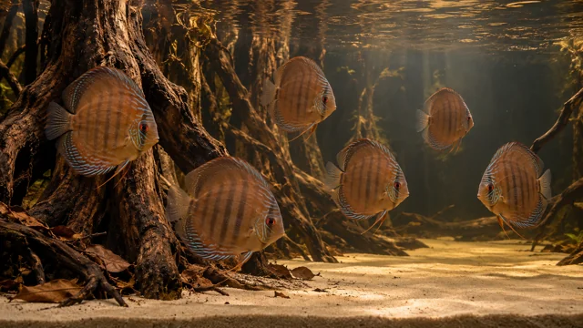 A spacious natural discus aquarium with roots and open sand