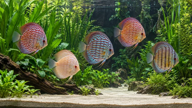 Captive-bred ornamental discus in a clear planted aquarium with an open sandy swimming bay