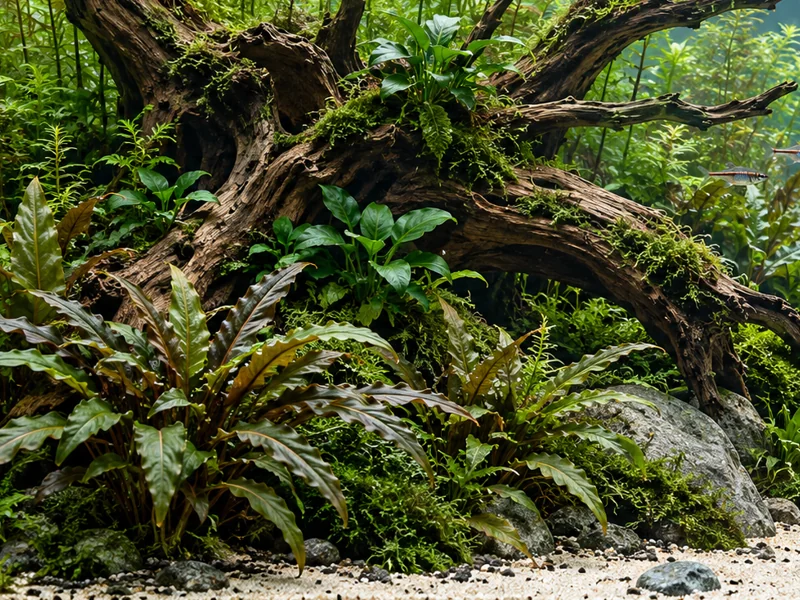 Branching driftwood among moss, Anubias and rooted aquarium planting
