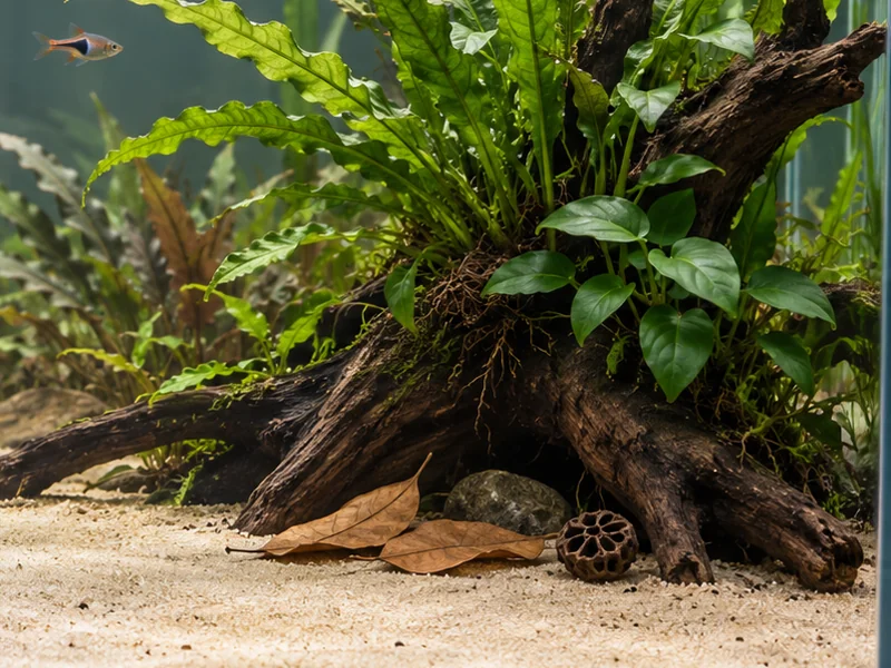 Java fern and Anubias on a modest root beside a few brown leaves and open sand