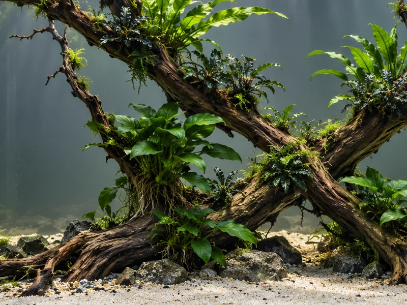 Anubias, Bucephalandra and Java fern attached above sand on crossed driftwood