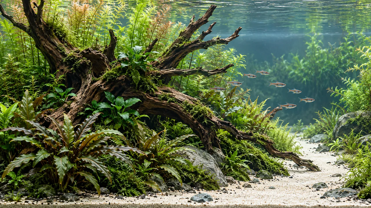 A lush freshwater aquascape with branching driftwood, green planting, open sand and a small shoal of fish beneath clear water.