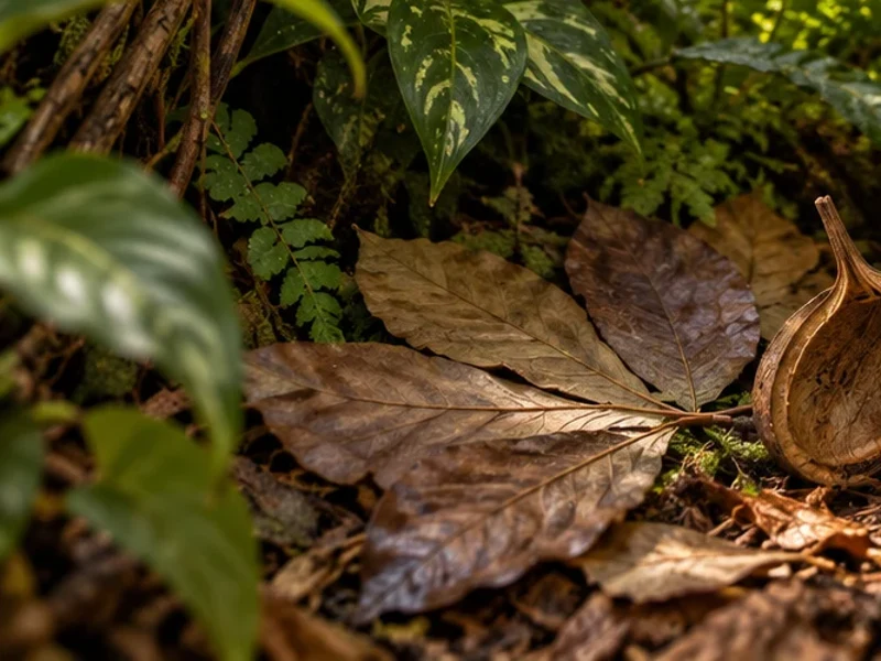 Broad dry Magnolia leaves at the base of the planted gecko habitat