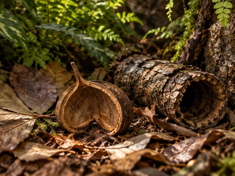 Open curved Buddha Nut with a pointed stem beside leaf litter