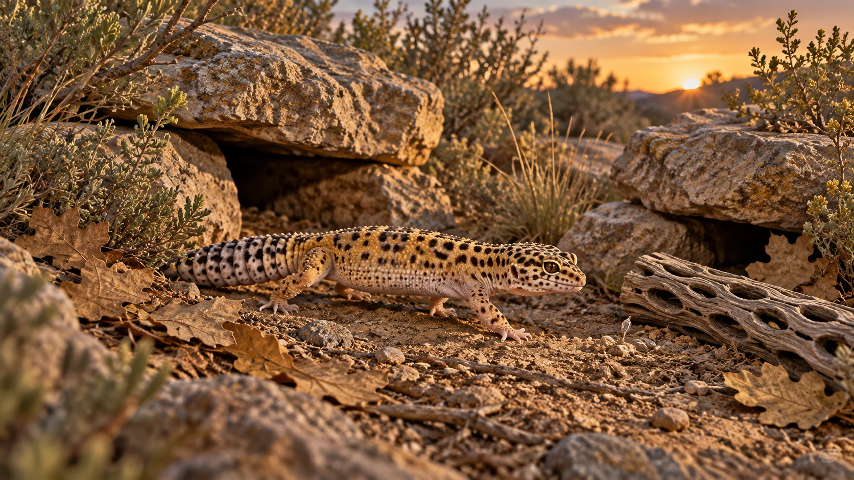 Leopard gecko on firm earthy ground between low rock shelters, dry Oak leaves and Cholla