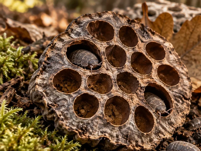 Two small isopods tucked into separate chambers of a dry lotus head