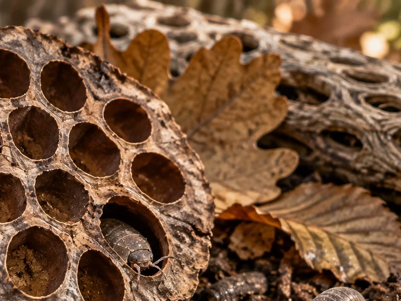 Lobed dry Oak leaf beside a lotus shelter