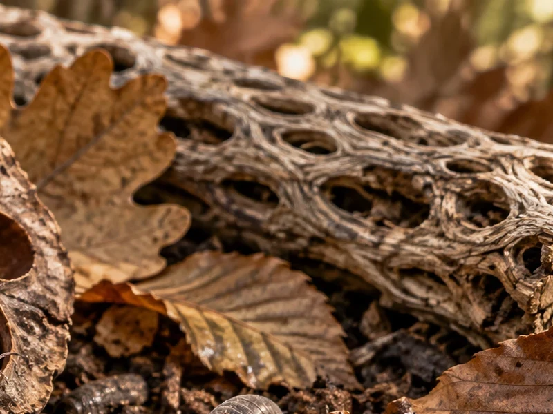 Perforated Cholla wood at the rear of the small forest-floor scene