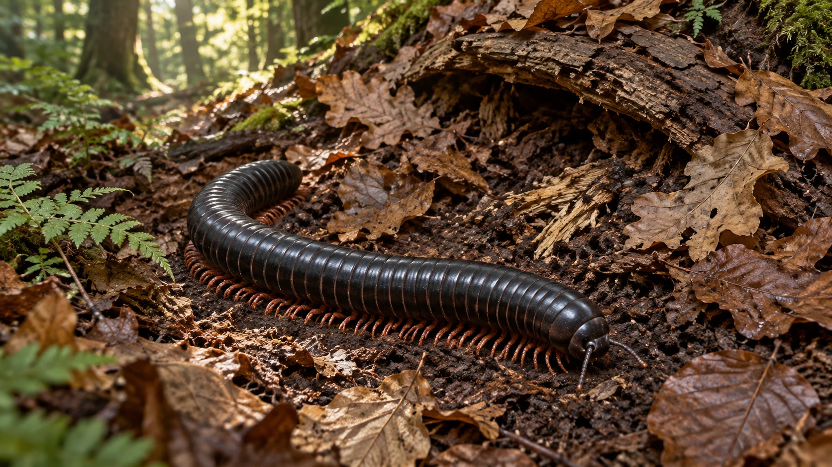 Black giant African millipede crossing a deep organic leaf bank with Oak, Beech and decomposing wood
