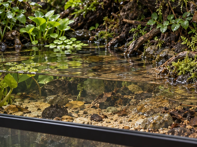 Clear shallow pool meeting roots and a gradual planted bank